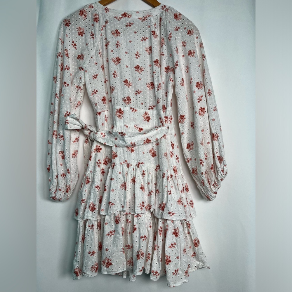Maia Bergman Ines Ruffled Floral Eyelet Mini Wrap Dress White /Pink Size XL - Picture 7 of 10